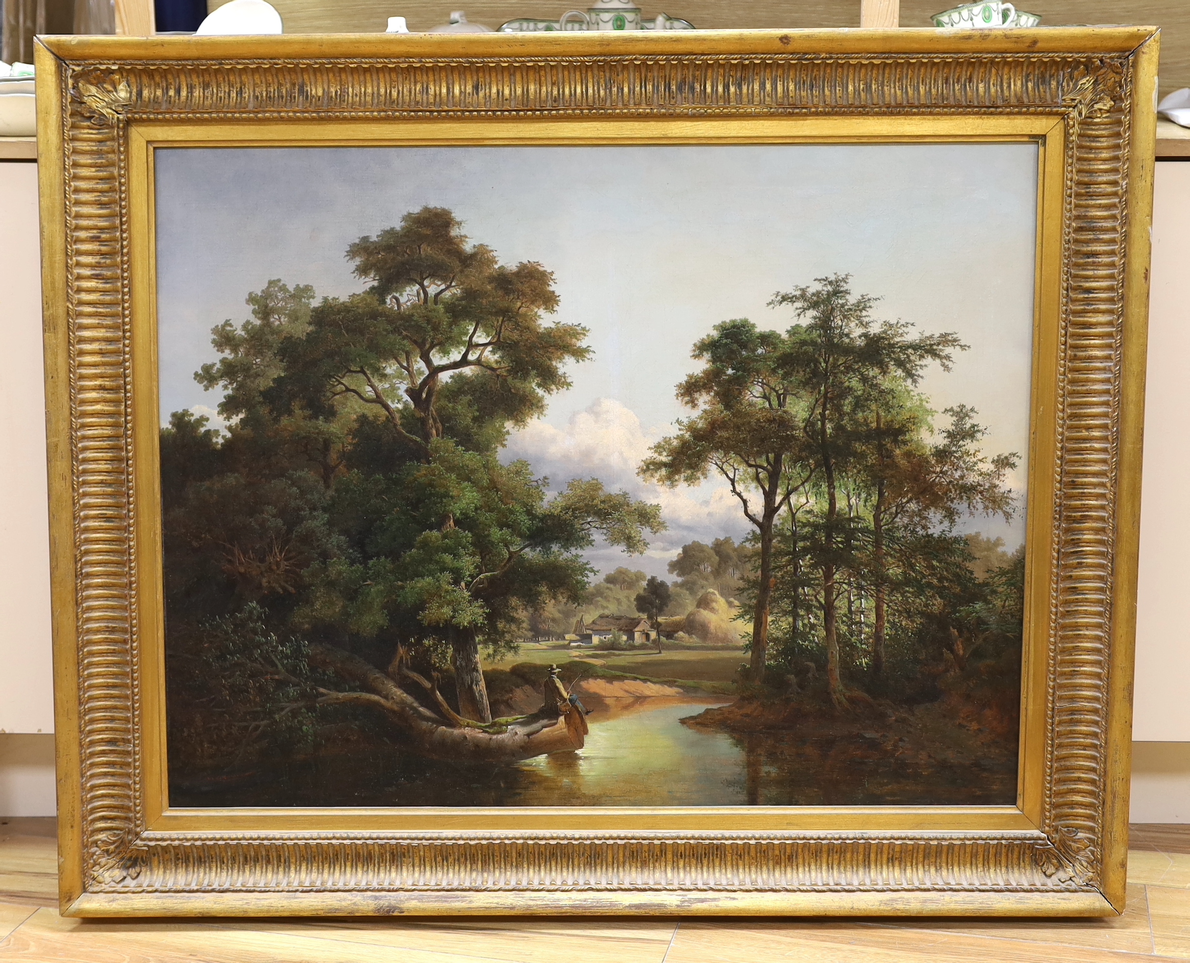 Continental School, oil on canvas, Angler in woodland, indistinctly signed lower left, 70 x 92cm
